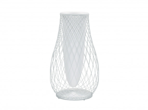 A big outdoor white metal mesh vase by Coalesse